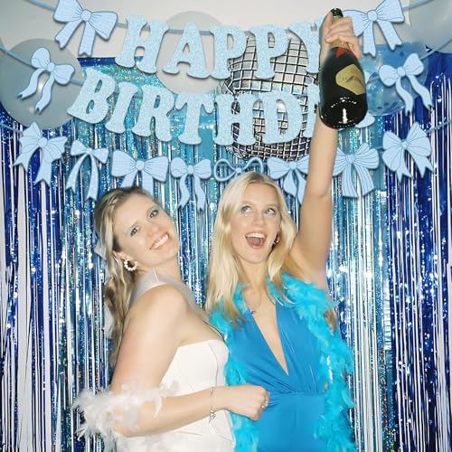 Blue Bow Happy Birthday Banner Set - Pre-Strung Glitter Garland