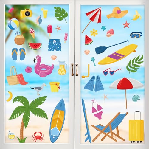 Summer Window Clings, 50 Pcs Beach Glass Stickers Decals