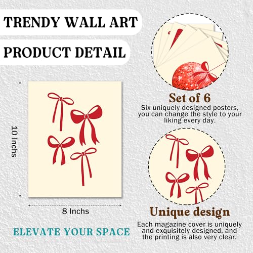 Preppy Red Bow Wall Art Posters Aesthetic Coquette Disco Ball Set of 6