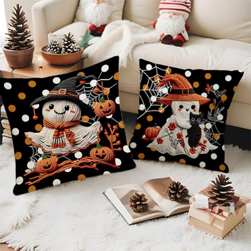 Halloween Pillow Covers Set of 2 - 18x18 Inch Double-Sided Ghost Decor