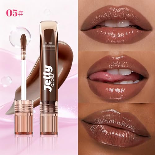 WanTuoluo Jelly Lip Gloss Hydrating Glass-Like Shine Lip Tint (B05 Chocolate)