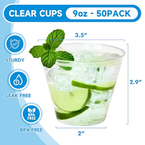 RACETOP 9 oz Clear Disposable Plastic Cups - 50 Pack Durable Tumblers