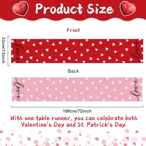 Valentine's Day Reversible Linen Table Runner 13 x 72 Inch Red and Pink