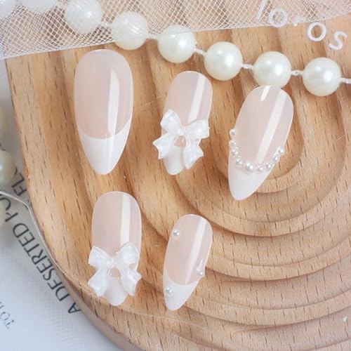 Press On Nails Medium Almond French Tip with 3D White Bow and Rhinestones
