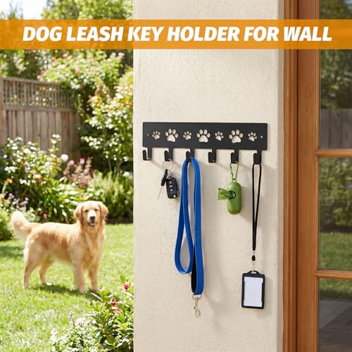 Dog Leash and Key Holder Wall Mount with 6 Hooks - Decorative Paw Print