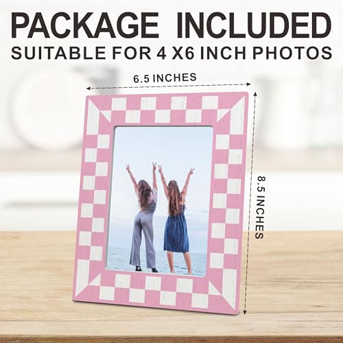 Pink Checkerboard Wooden Photo Frame for 4x6 Pictures - Aesthetic Tabletop Decor & Gift