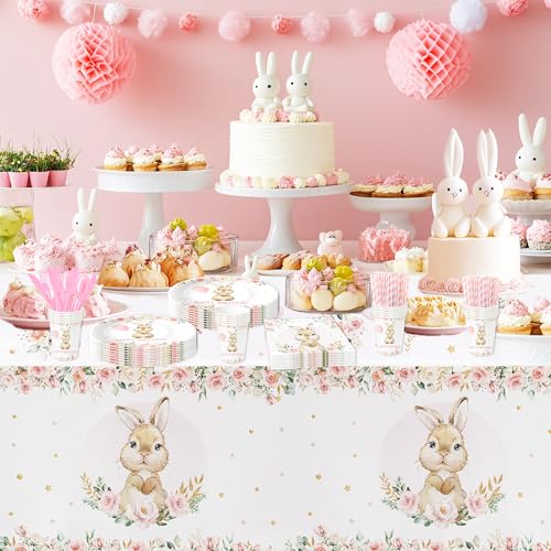 Bunny Birthday Tablecloth Set - 3 Disposable Pastel Easter Party Covers 86x55in