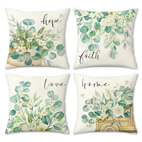 Eucalyptus Leaves Throw Pillow Covers 18" x 18" (Set of 4) - Farmhouse Floral Decor