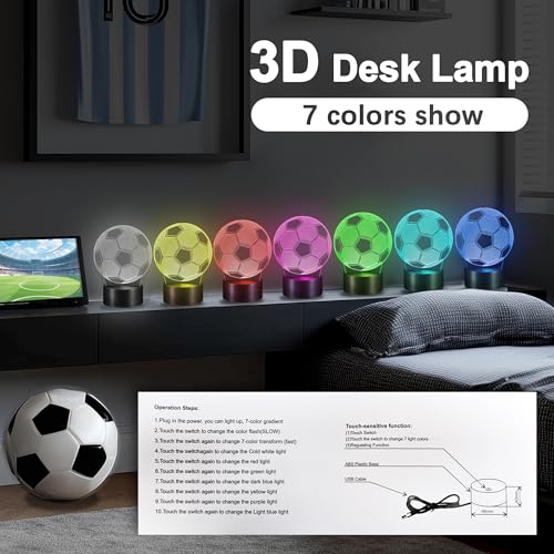 3D Soccer Night Light with Touch Control - 7 Color LED Lamp for Kids