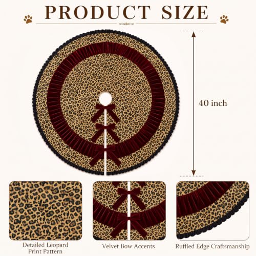 Leopard Print Christmas Tree Skirt 40 Inch Burgundy Velvet Holiday Decor