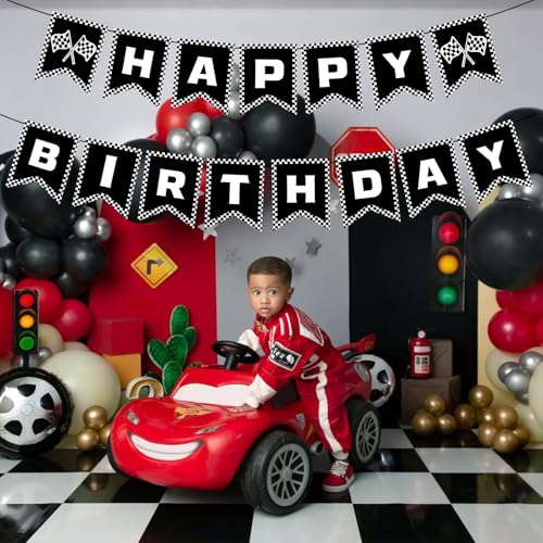 Race Car Birthday Banner - Black & White Checkered Flag Decoration