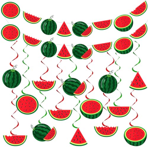 MotiMind 34-Piece Watermelon Party Decoration Set with Banners & Swirls