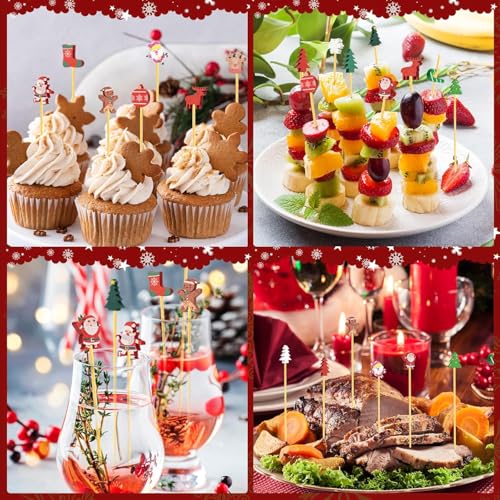 Christmas Cocktail Picks Set - 100 Natural Bamboo Skewers with 15 Holiday Designs - Festive Party Supplies