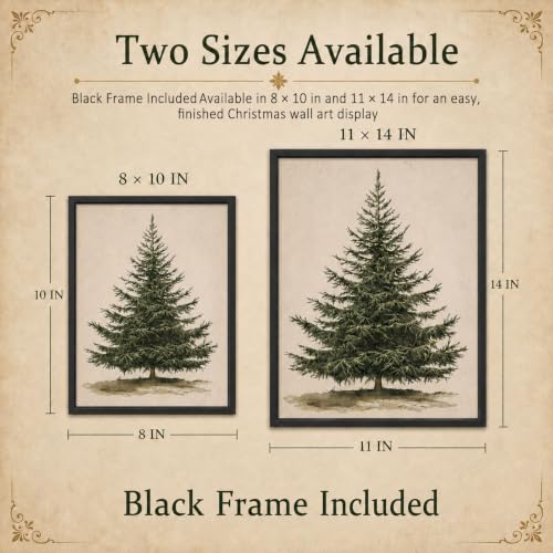 Vintage Christmas Tree Wall Art - Black Framed Botanical Print 10x8
