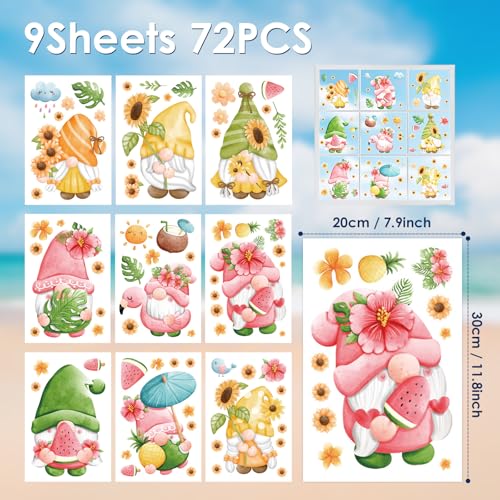 Hianjoo 72 Pcs Summer Gnome Window Clings - Tropical Fruit Decor