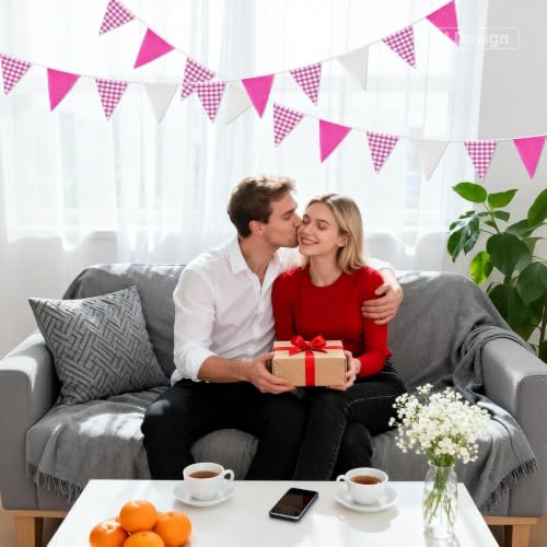 G2PLUS Pink and White Gingham Bunting Banner - 32Ft Triangle Garland