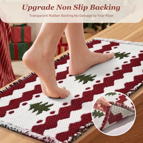 Christmas Waffle Bath Mat Rug - Non Slip Absorbent Holiday Decor, 24 x 36 - Red & White Tree