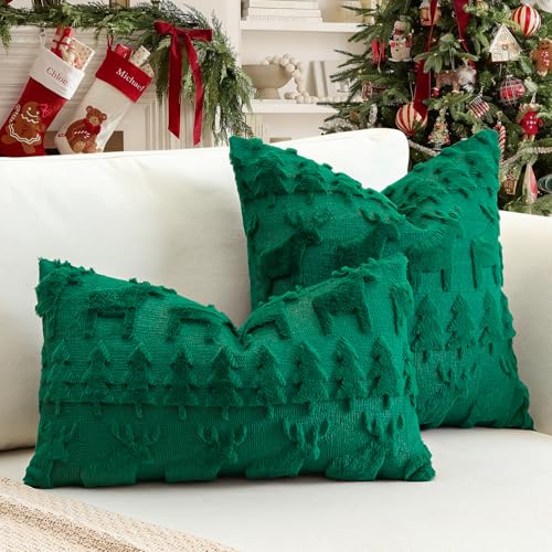 OTOSTAR Christmas Tree and Elk Throw Pillow Cover, Green 18x18 Inch