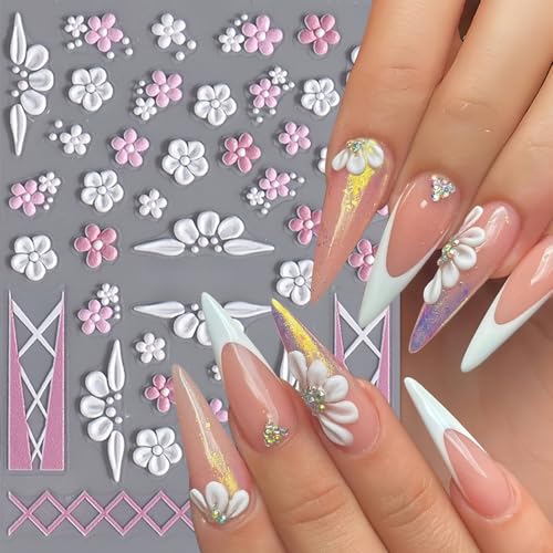 SHUXILIN 3Pcs 5D Embossed Pink Flower Nail Art Stickers Self-Adhesive Bow Decals