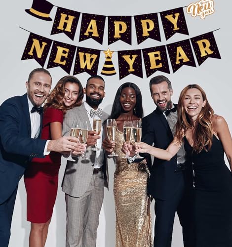 Happy New Year 2026 Banner - Elegant Black & Gold Party Decoration