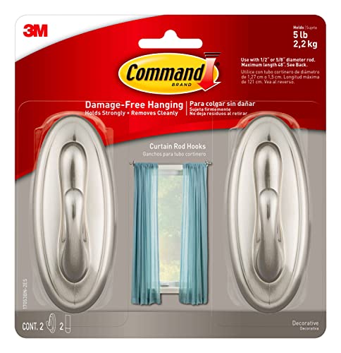 Command Large Brushed Nickel Curtain Rod Hooks 2-Pack Holds 5 lbs Damage-Free