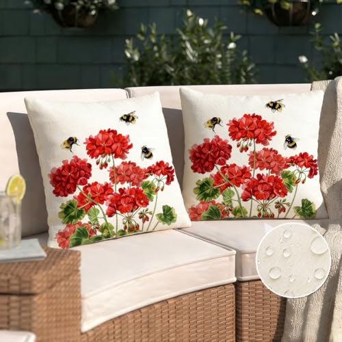 RABUSOFA Waterproof Outdoor Pillow Cover 20x20 Red Geranium & Bees Spring Summer Decor