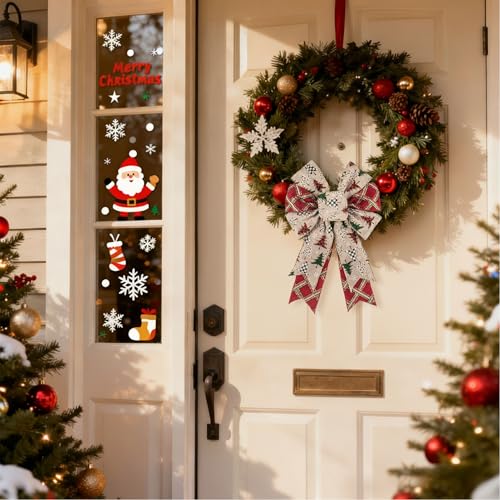 Christmas Tree Plaid Bows Set - Red White Green Holiday Wreath Decorations - 2 Pack