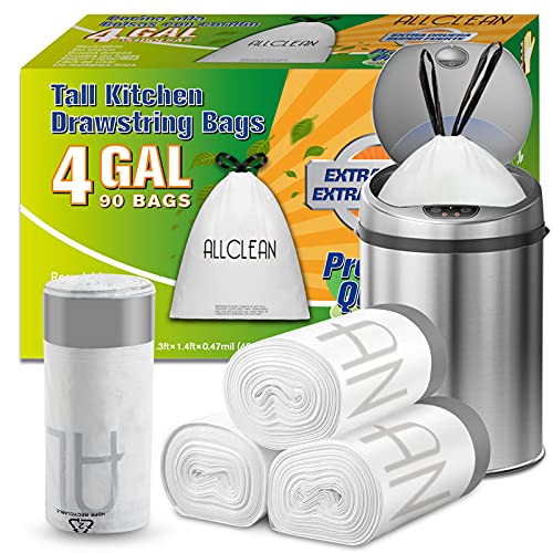 ALLCLEAN 4 Gallon Small Trash Bags, Drawstring Garbage Can Liners - White
