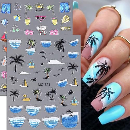 Summer Beach 3D Self-Adhesive Nail Stickers - Ocean Art Decals 3 Sheets