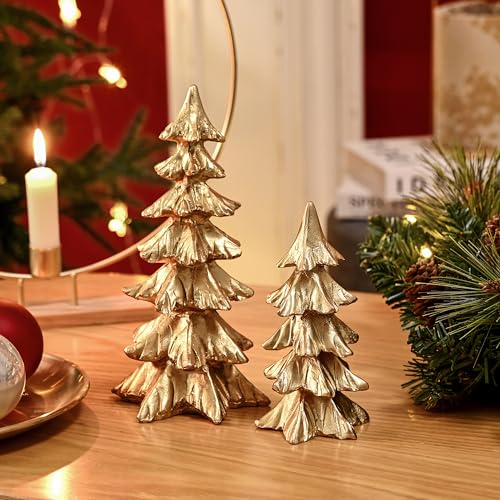 Gold Resin Christmas Tree Figurines Set - Small Holiday Tabletop Decor