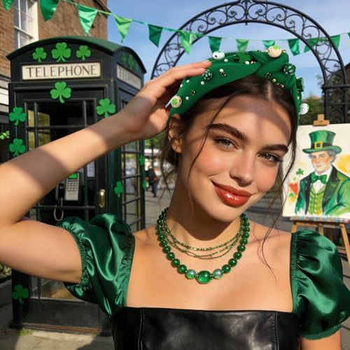 St Patrick's Day Green Top Knot Headband with Shamrock Beads & Pearls