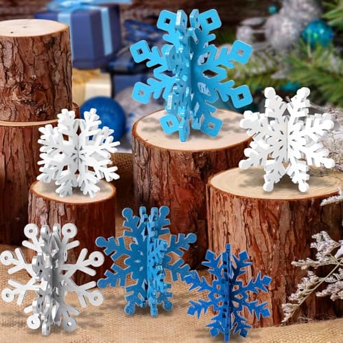 White Silver Blue Wooden Snowflake Decorations Set of 6 - 3D Christmas Table Decor