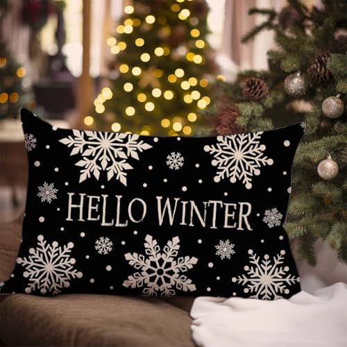 Hello Winter Snowflake Christmas Lumbar Pillow Cover, 12x20 Black Farmhouse