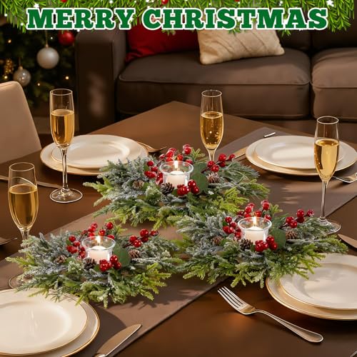 Christmas Candle Ring Set with Holders - Pine Berries Cones - 4 Pieces