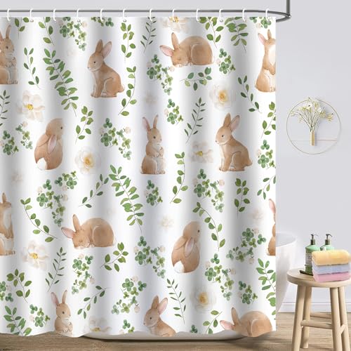Pink Easter Shower Curtain Set - Watercolor Rabbit Design 72x72