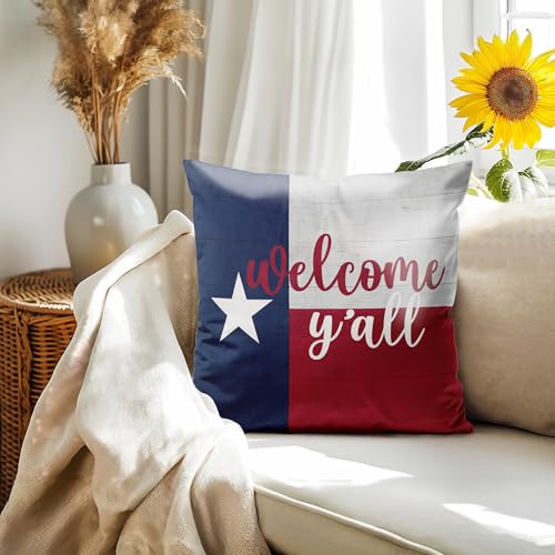 Texas Flag Welcome Y'all Pillow Cover 18x18 - Rustic Farmhouse Decor (Color 01)