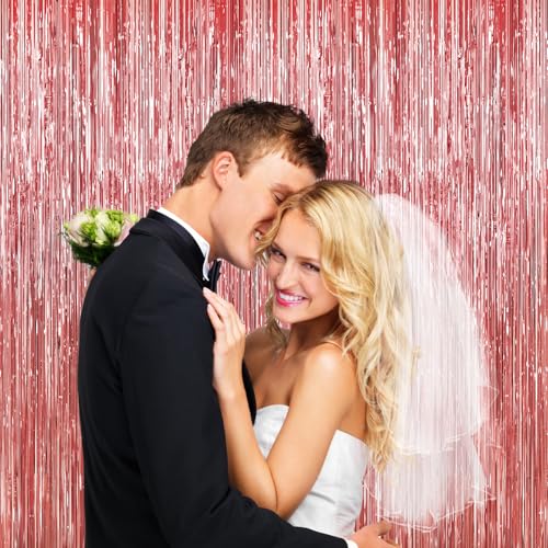 Rose Gold Tinsel Backdrop - 2 Pack Foil Fringe Curtains for Parties