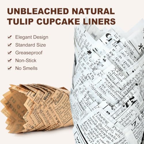 200pcs Newspaper Tulip Cupcake Liners for Baking - Elegant Muffin Wrappers