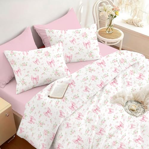 Pink Floral Twin Duvet Cover Set with Bow - Kids Girls Bedding 2Pcs