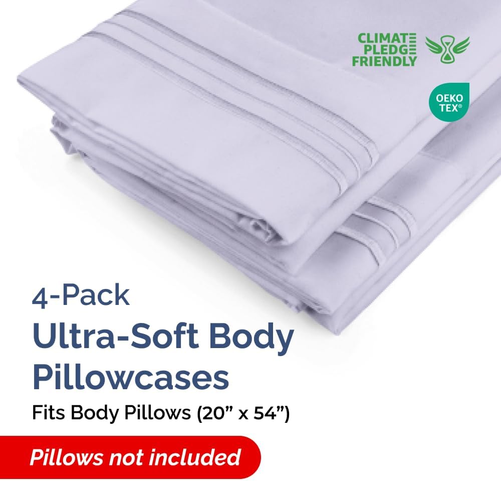 Skiennix Body Pillowcases Set of 4 | Soft & Breathable 20x54 Long Pillow Covers - Fade-Free & Machine Washable (Light Lavender)