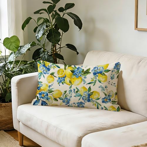 Lemon Floral Throw Pillow Cover 12 x 20 - Cotton Linen