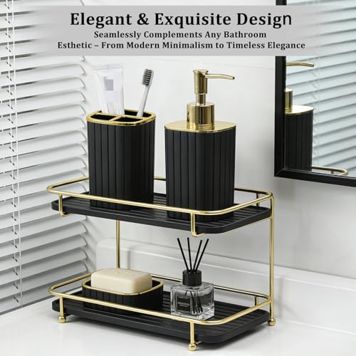 Black and Gold Bathroom Accessories Set - Soap Dispenser & Toothbrush Holder