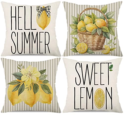 Set of 4 Grey Stripe Lemon Quote Throw Pillow Covers 18x18