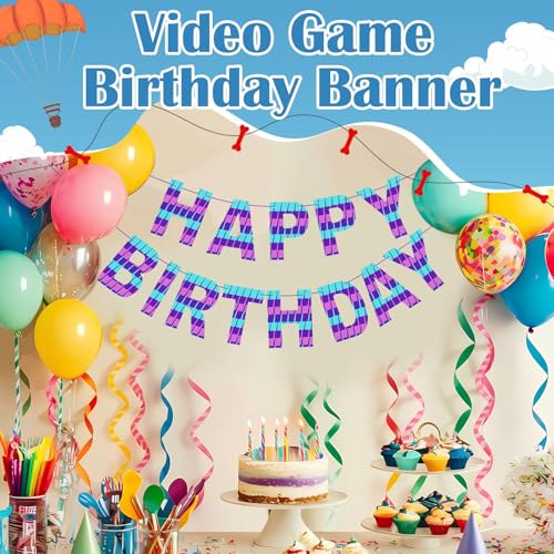 VitalCozy Video Game Happy Birthday Banner - Pre-Strung Party Decoration
