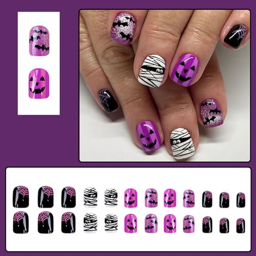 Halloween Press On Nails Short Square Fake Nails Ghost Spider Web Bat