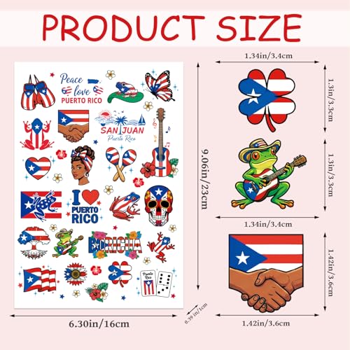 Puerto Rico Temporary Tattoos - 8 Sheets 200+ Flag Stickers