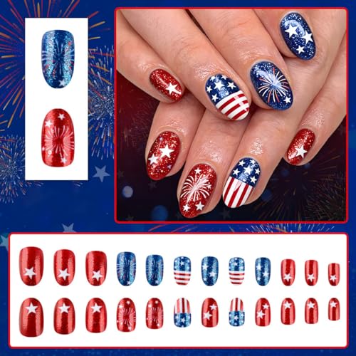 BYJKYEN 4th of July Press on Nails Short Almond Patriotic Fake Nails
