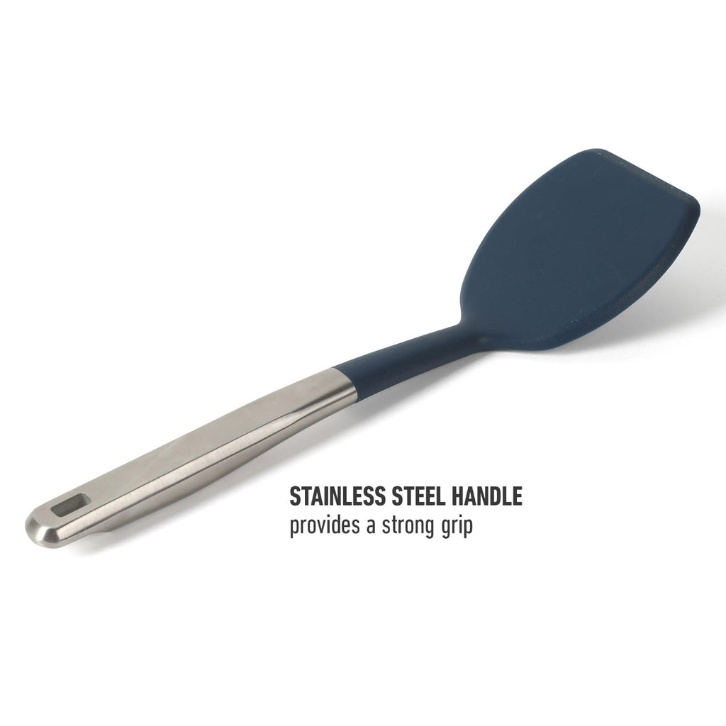 Calphalon Prime Stainless Steel Turner with Navy Blue Silicone Head, Heat Resistant Kitchen Spatula for Flipping, Cooking, Grilling, and Serving, Durable Non Scratch Cooking Utensil