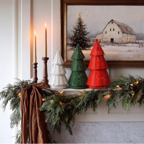 Qunclay 3 Pcs Rattan Christmas Tree Tabletop Decor - Classic Xmas Color