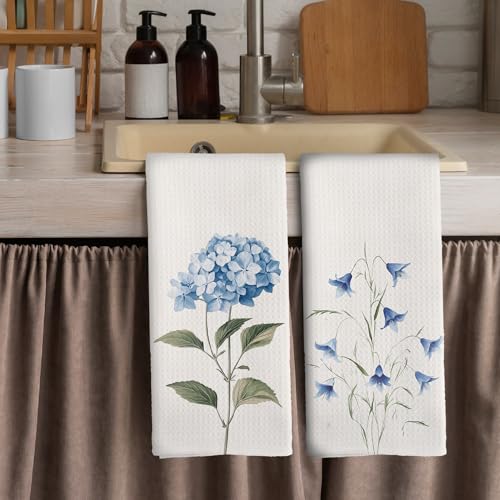 Blue Hydrangea Kitchen Towels Set of 2 - 16x24 Inches Floral Decor